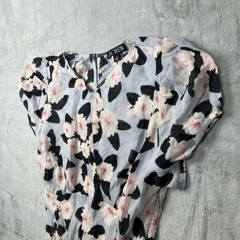J Crew Ramie Midi Dress Womens 2 Pink Ruffle Hem Poppy Floral V Neck CT303